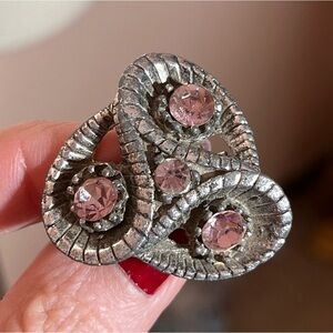 Vintage Antique Art Deco pewter Silver pink Foil back Crystal Brooch fairycore